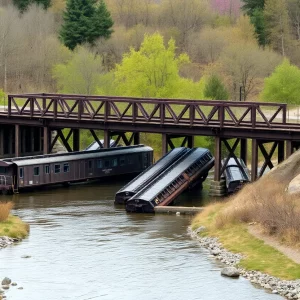 Collapsed trestle bridge in Huntsville with rail cars in water