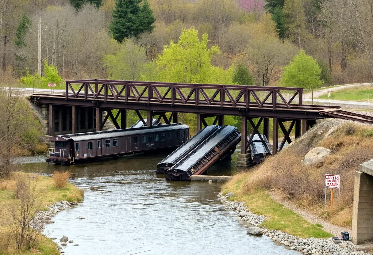 Collapsed trestle bridge in Huntsville with rail cars in water