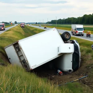 Overturned truck in ditch on Highway 231 during accident response