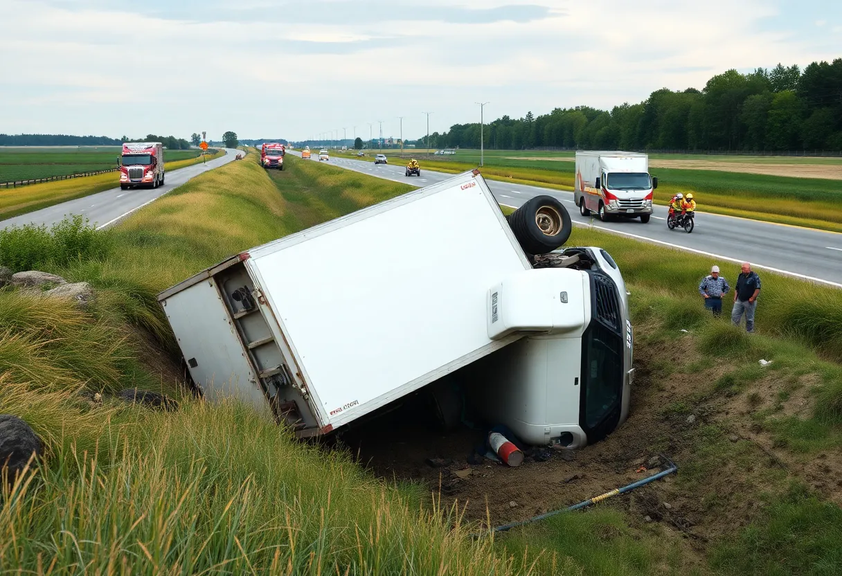 Overturned truck in ditch on Highway 231 during accident response