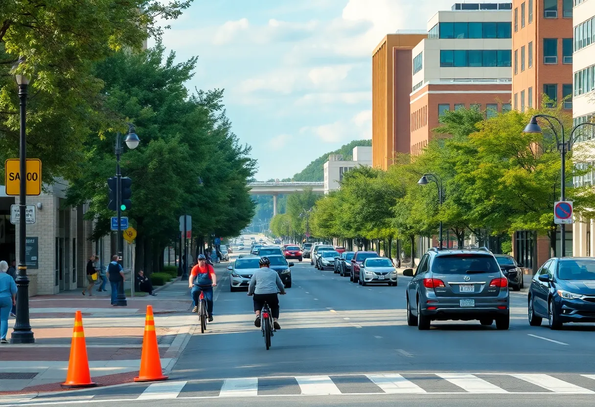 A busy street in Huntsville, Alabama with safe driving conditions.