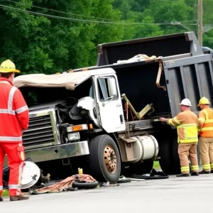 Emergency responders at a dump truck accident scene