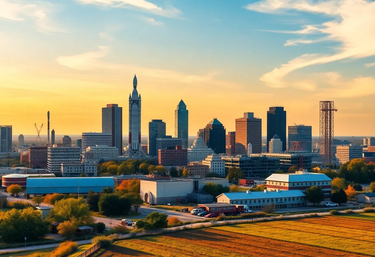 City skyline of Huntsville Alabama depicting agriculture and aerospace themes