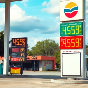 Gas station with varying fuel prices in Huntsville, Alabama