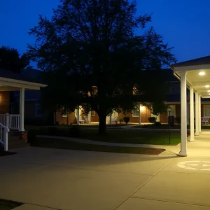 Empty outdoor areas at the LR Patton complex during curfew hours