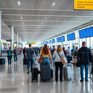 Crowd of travelers at Huntsville International Airport