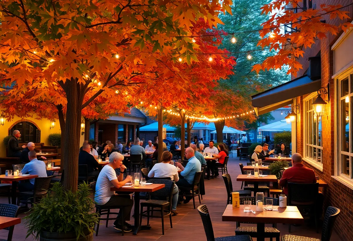 Outdoor dining area in Huntsville with fall foliage