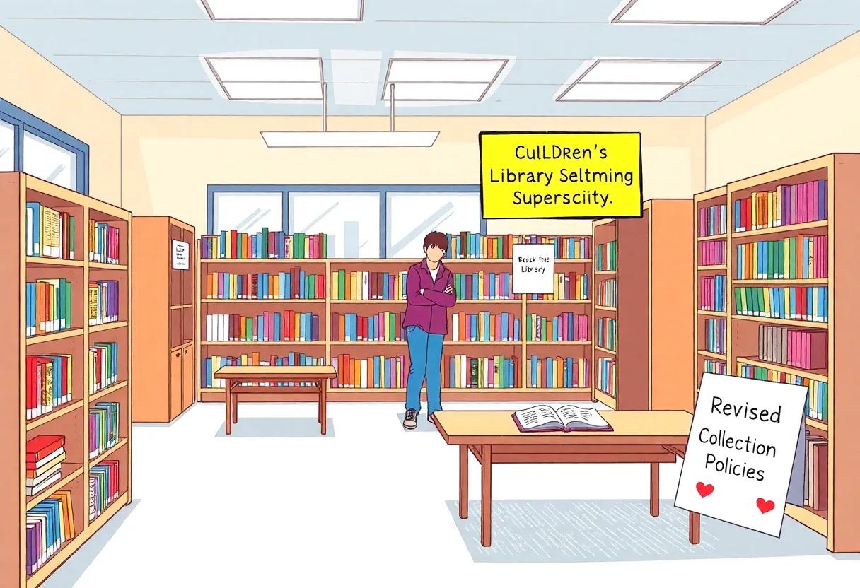 Interior view of Huntsville Public Library showing children’s section with books.