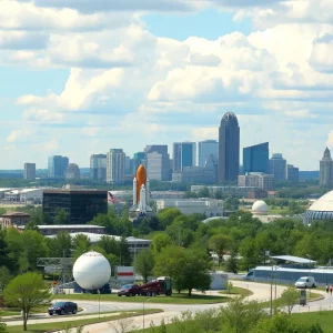 Skyline of Huntsville Alabama with space exploration themes