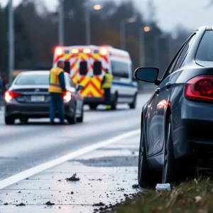 Scene of a vehicle accident on U.S. Highway 231 with emergency services present
