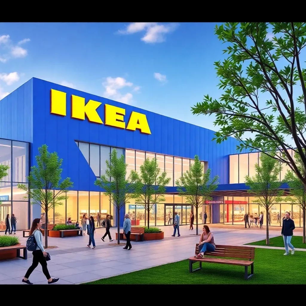 Illustration depicting a potential IKEA store in Huntsville with customers and outdoor spaces.