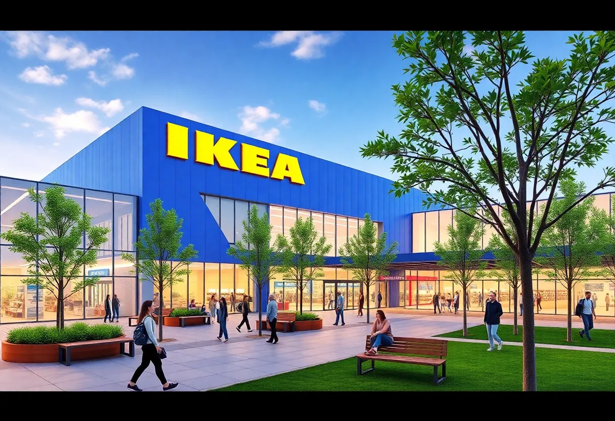 Illustration depicting a potential IKEA store in Huntsville with customers and outdoor spaces.