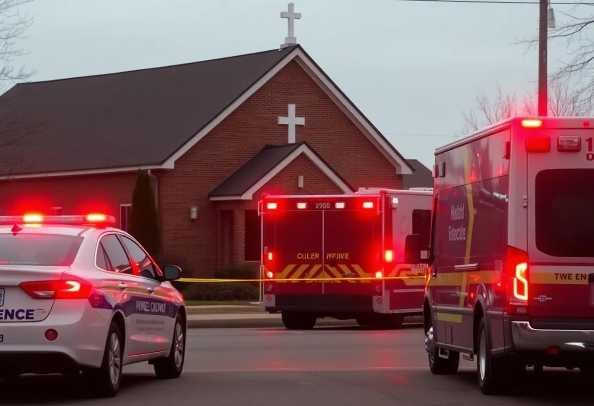 Emergency response vehicles outside a church following a shooting incident.