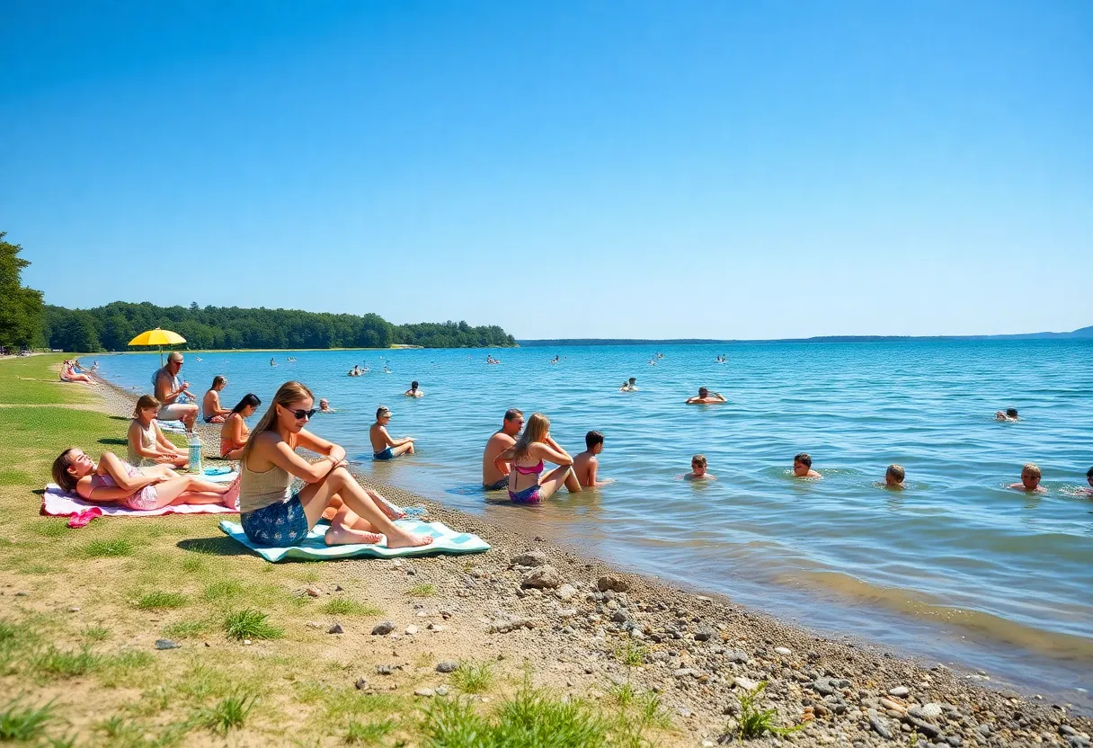 Families enjoying a sunny day at a lakeside beach near Huntsville