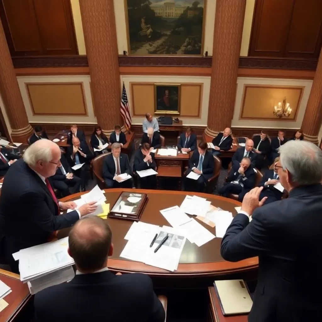 Lawmakers discussing a new tax bill in a legislative hall