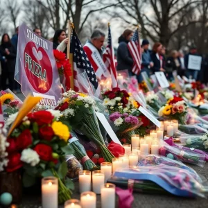 Community memorial for Officer Phillip Wagner, with flowers and candles.