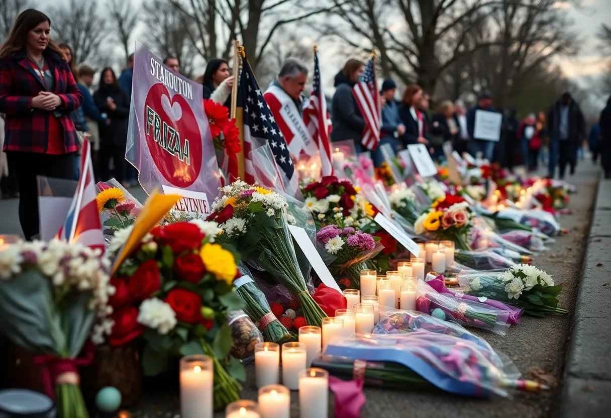 Community memorial for Officer Phillip Wagner, with flowers and candles.