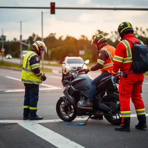 Emergency responders at a motorcycle accident scene.