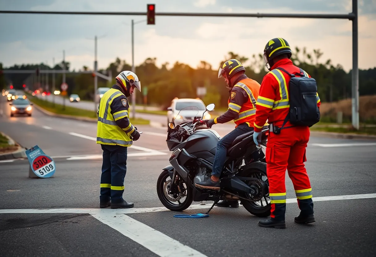 Emergency responders at a motorcycle accident scene.
