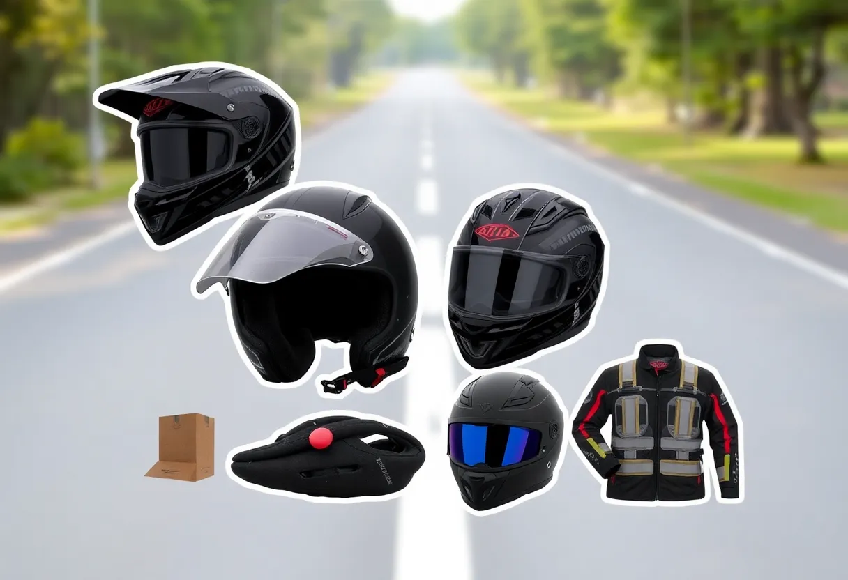 Various motorcycle safety equipment laying on a road