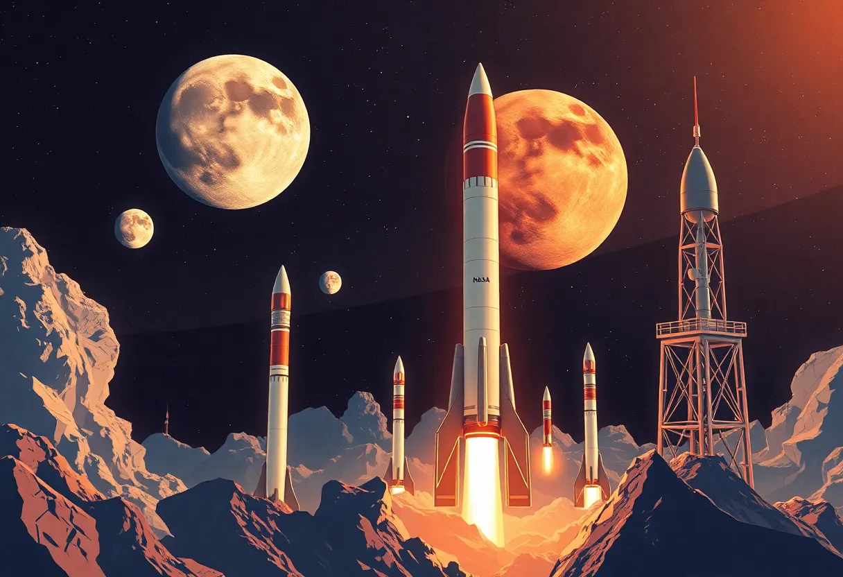 Illustration of NASA rockets and space exploration concepts
