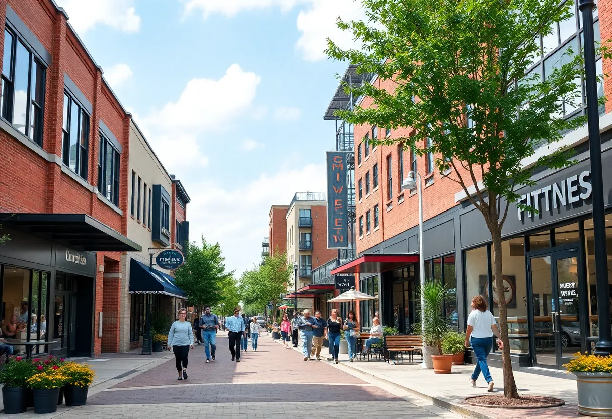A scene depicting new businesses in Huntsville including restaurants and fitness centers.