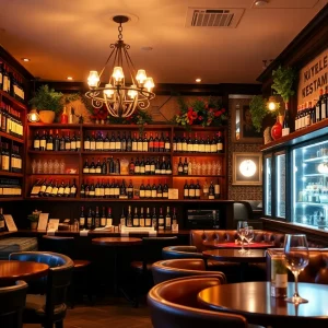 Interior view of a wine bar with wine bottles and seating