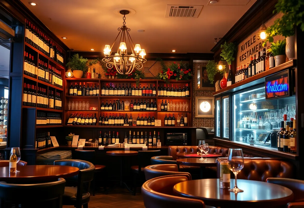 Interior view of a wine bar with wine bottles and seating