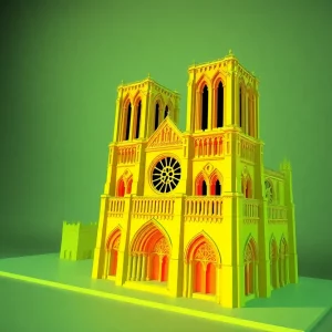 A digital model of Notre Dame Cathedral illustrating its original colors and architecture.