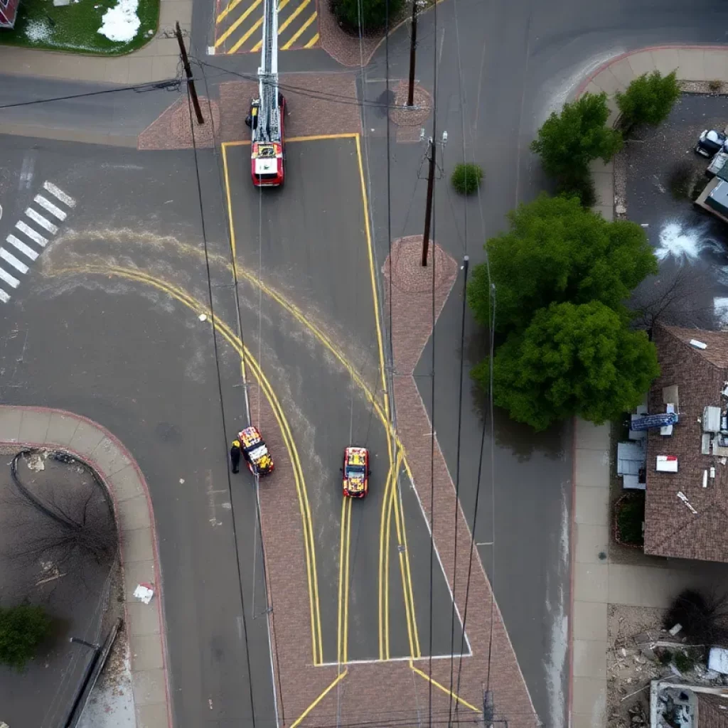 Aerial view of severe flash flooding in Ruidoso with debris and emergency services.