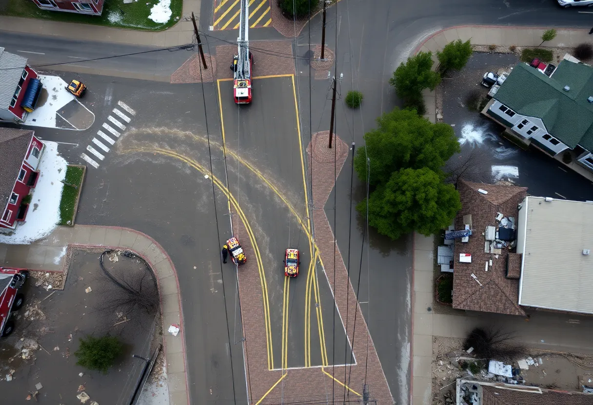 Aerial view of severe flash flooding in Ruidoso with debris and emergency services.