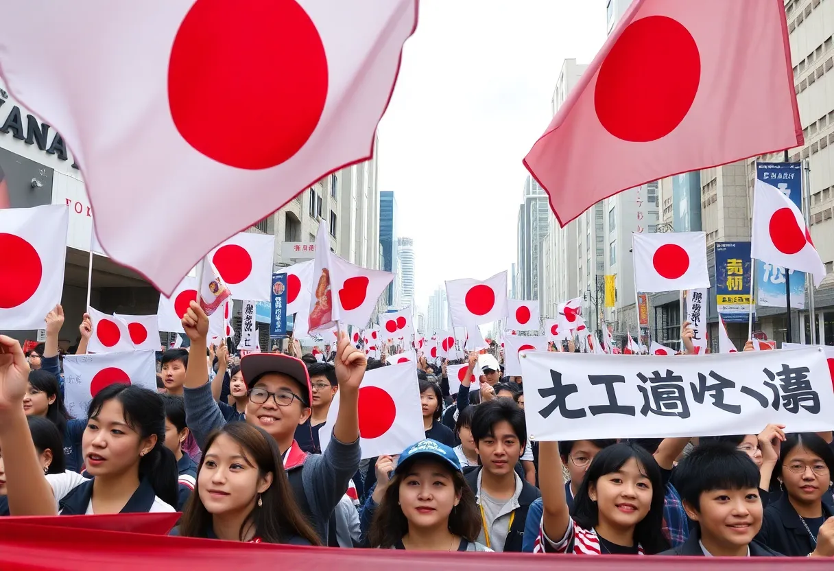 A gathering of Sanseito party supporters at a political rally in Japan, demonstrating nationalism.