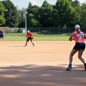 Senior softball players competing during the Huntsville senior league match.