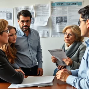 People discussing Social Security policy with government documents
