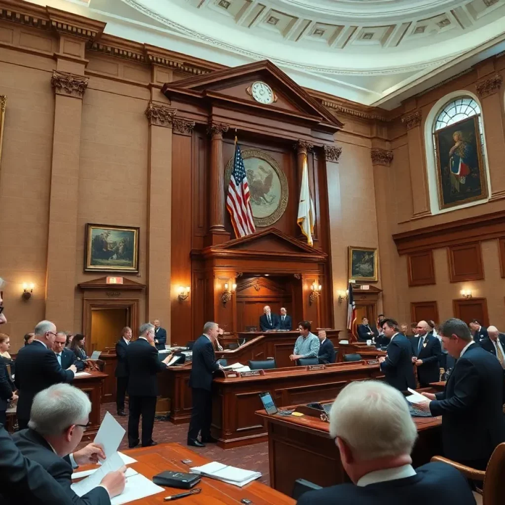 Lawmakers in discussion at a state legislative building