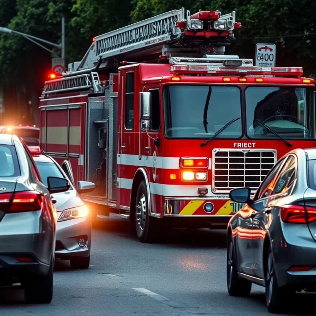 A fire engine speeding through a neighborhood causing damage