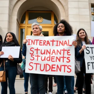 Students protesting for the rights of international students outside a courthouse