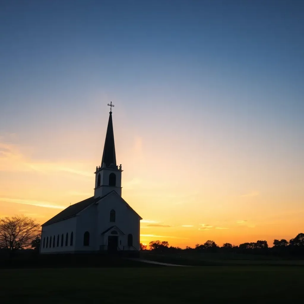 A sunset over a church representing faith