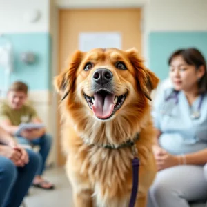 A therapy dog providing emotional support to patients in a health center.