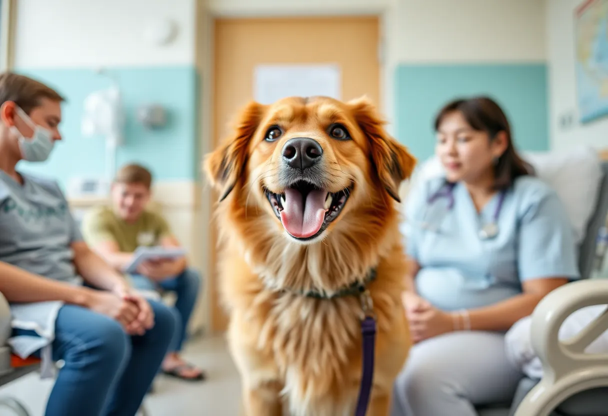 A therapy dog providing emotional support to patients in a health center.