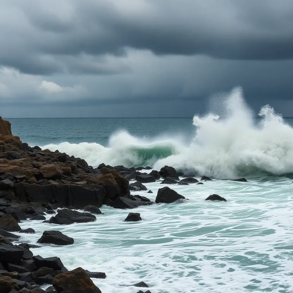 A large tsunami wave crashing against the shore after an earthquake, with dark clouds in the sky