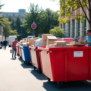 Roll-off dumpsters placed on a street in Tuscaloosa during student move-in season.