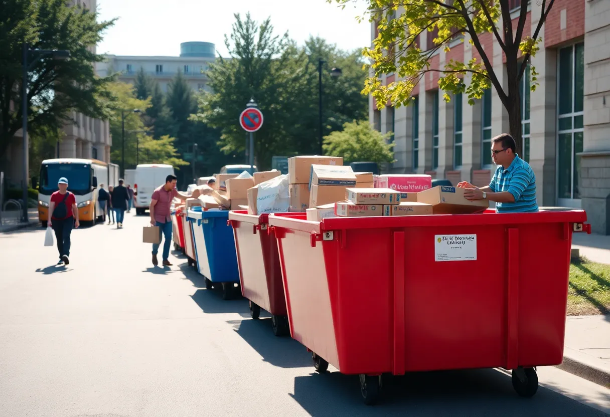 Roll-off dumpsters placed on a street in Tuscaloosa during student move-in season.