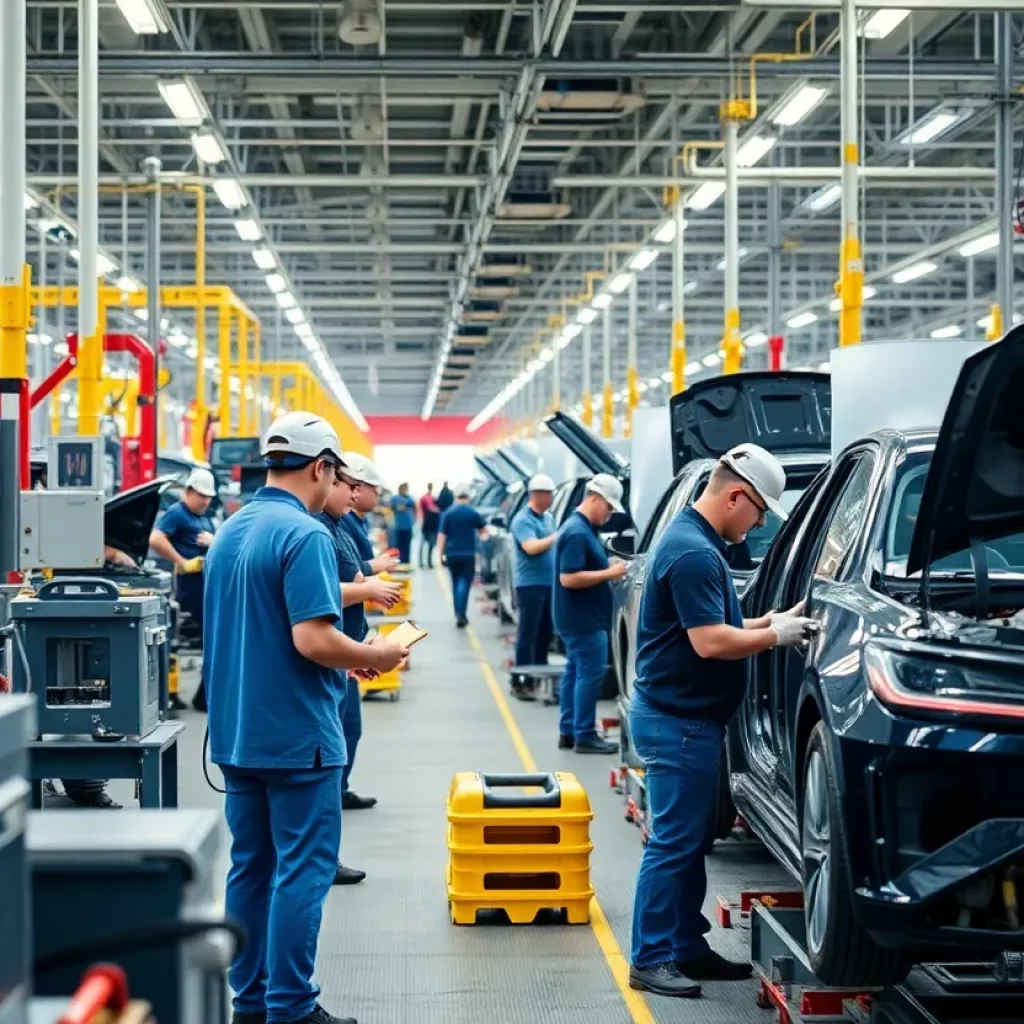 Workers in a manufacturing plant focusing on automotive assembly