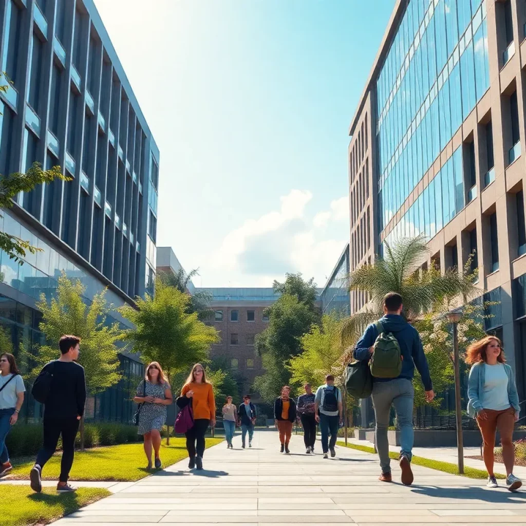 Vibrant university campus scene with students