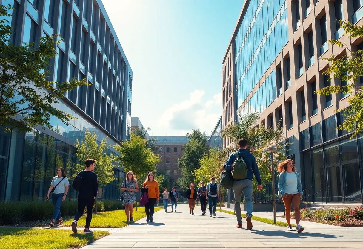 Vibrant university campus scene with students