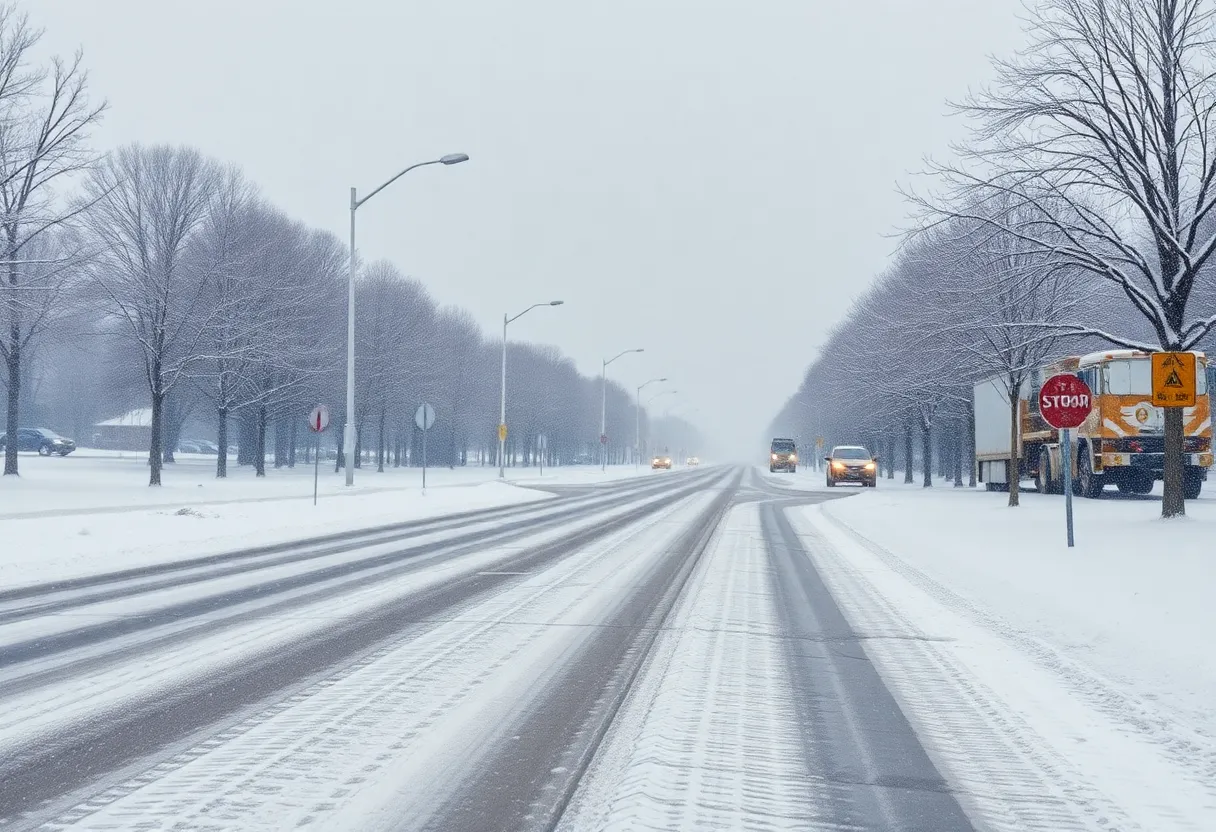 Snow-covered road indicating winter storm conditions in southeastern U.S.
