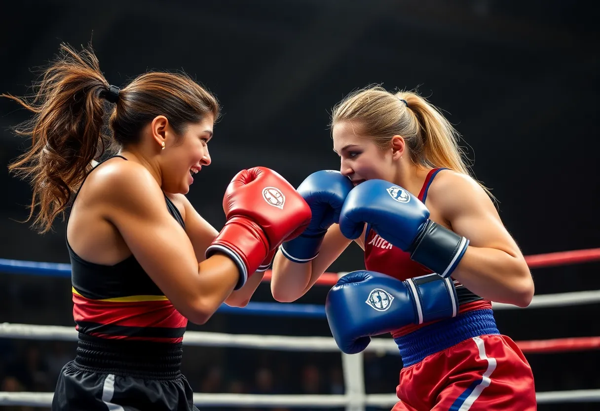 Exciting moment in women's boxing showcasing female athletes