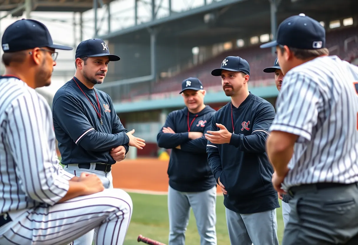 Meeting of Alabama baseball coaching staff discussing player development.