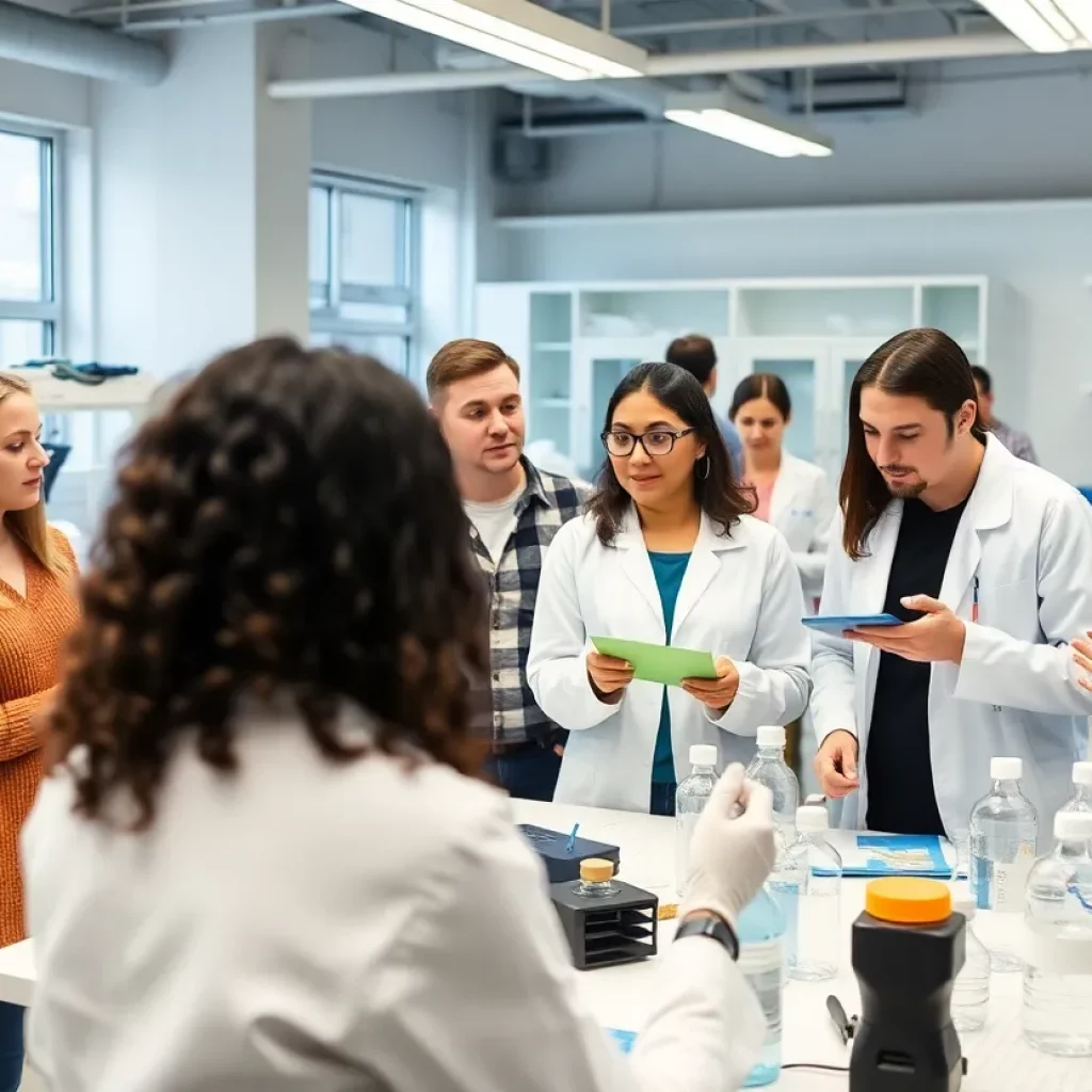 Students collaborating in a biopharmaceutical workshop.